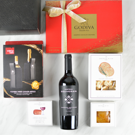  Black gift box with a bottle of  Cabernet Sauvignon wine, box of water crackers, cabernet cheese spread, box of dried pears, box of Godiva chocolates, and Vacu Vin wine cooler sleeve