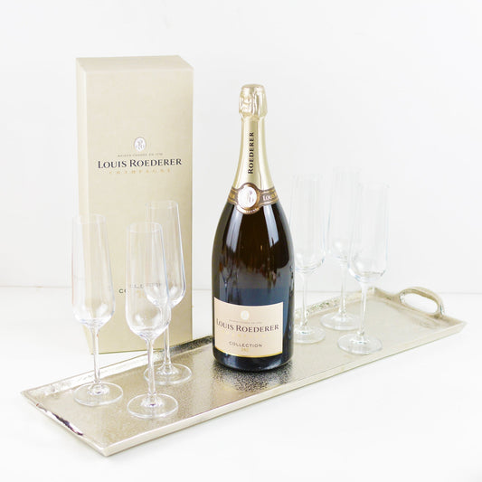 Silver tray, one bottle of Louis Roederer champagne, six champagne flutes