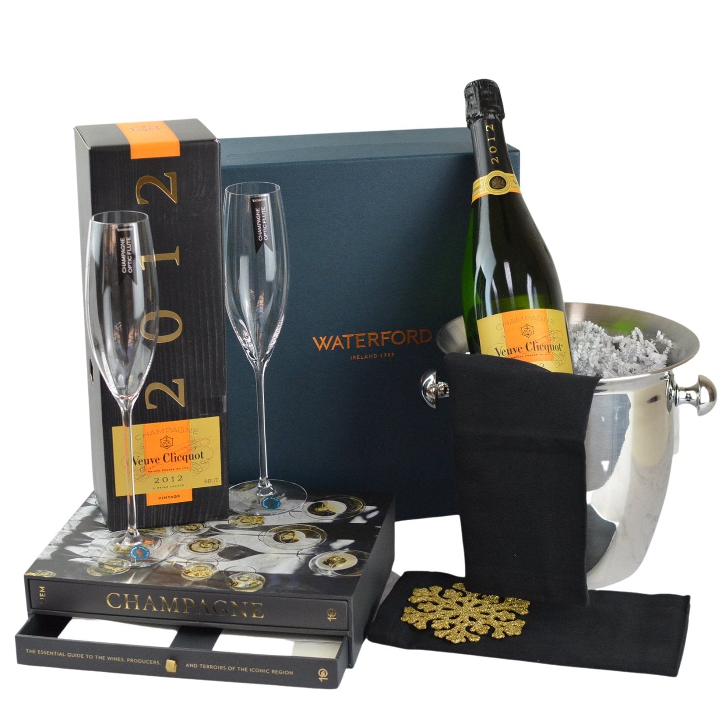 Silver champagne bucket,  bottle of Veuve Clicquot champagne, box with two Waterford crystal champagne flutes, Peter Liem's map and book collection called Champagne, and a black velvet gift bag